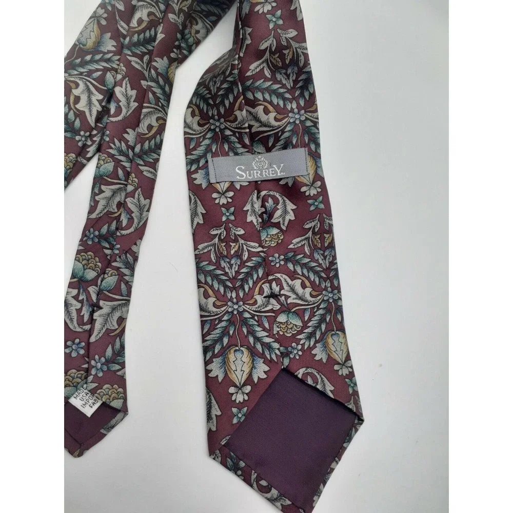 Surrey Necktie 100% Silk Maroon Floral U.S.A Made Burgandy Tie Multicolored